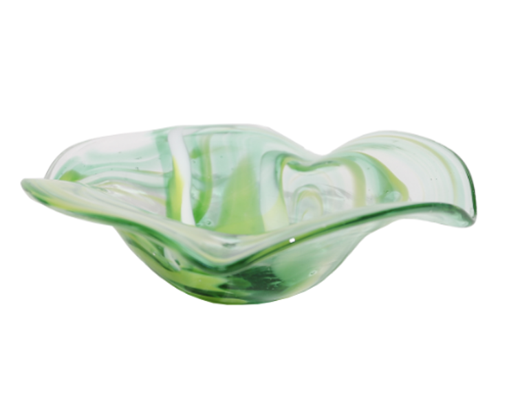 Art Glass Bowl Handblown Green White Swirl Bowls