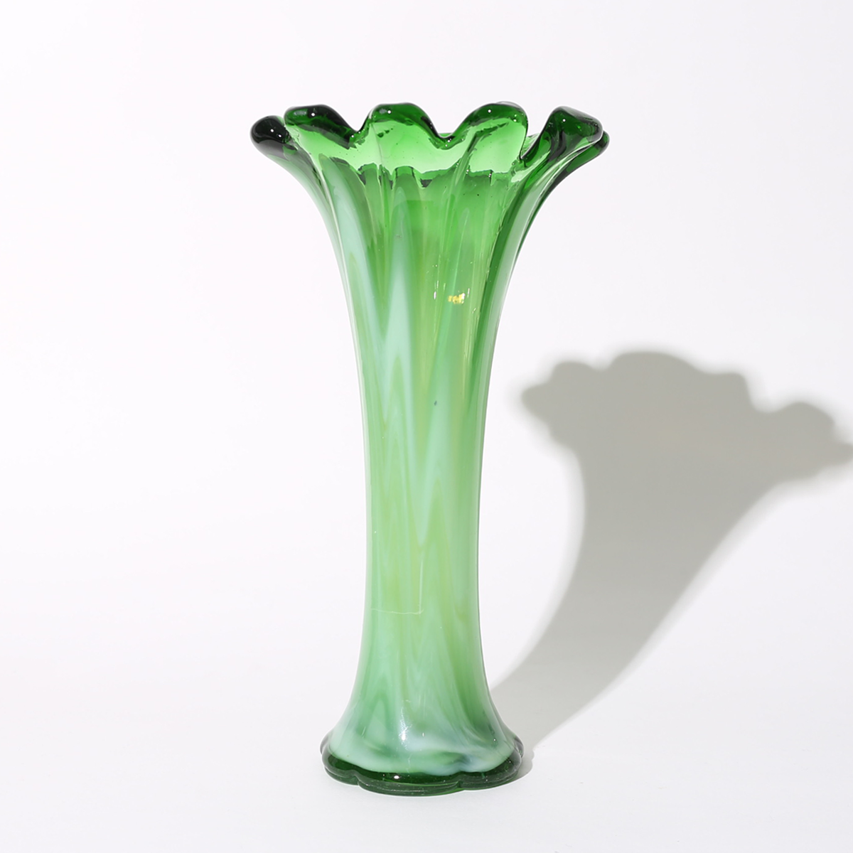 Green Flower Ruffled Art Glass Handblown Vase