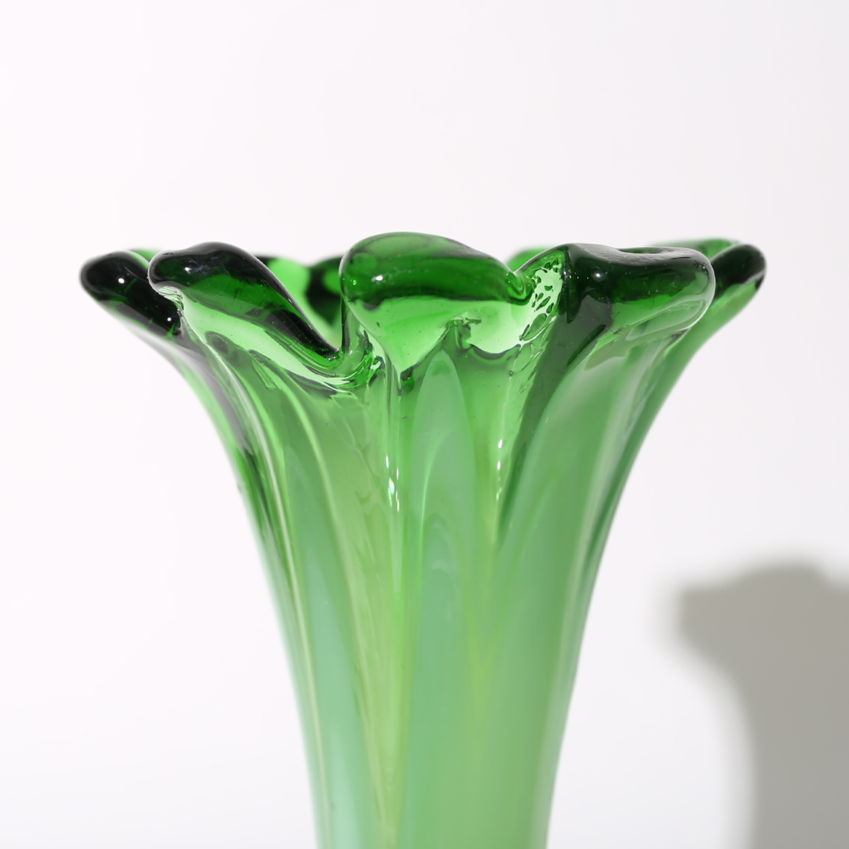 Green Flower Ruffled Art Glass Handblown Vase